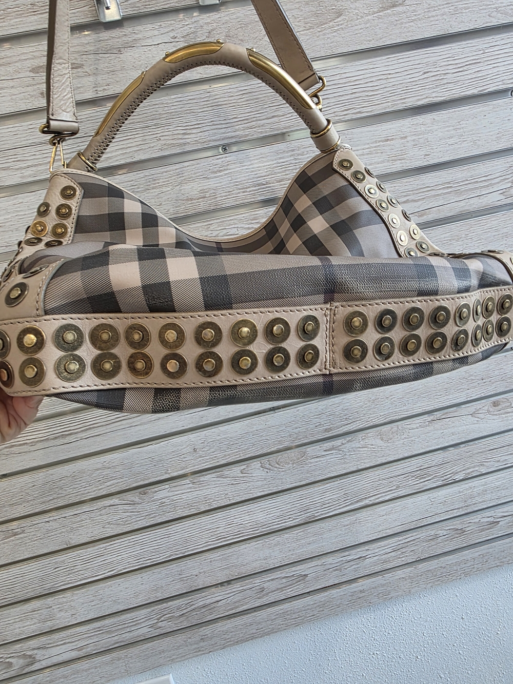 Burberry Beige and Gray Plaid Shoulder Bag with Stud Trim - Picture 4 of 17